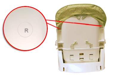 Not recalled: Feeding seats with an 'R' stamped inside a raised circle located on the far left and right of the back of the seatback