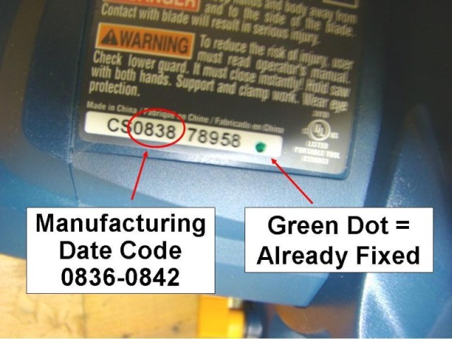 Picture of Recalled Corded Circular Saw showing manufacturing date code 0836-0842 and a green dot indicating this saw was already fixed.